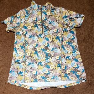 Kerrits Blue and Yellow Floral Ladies Short Sleeve Shirt: Large